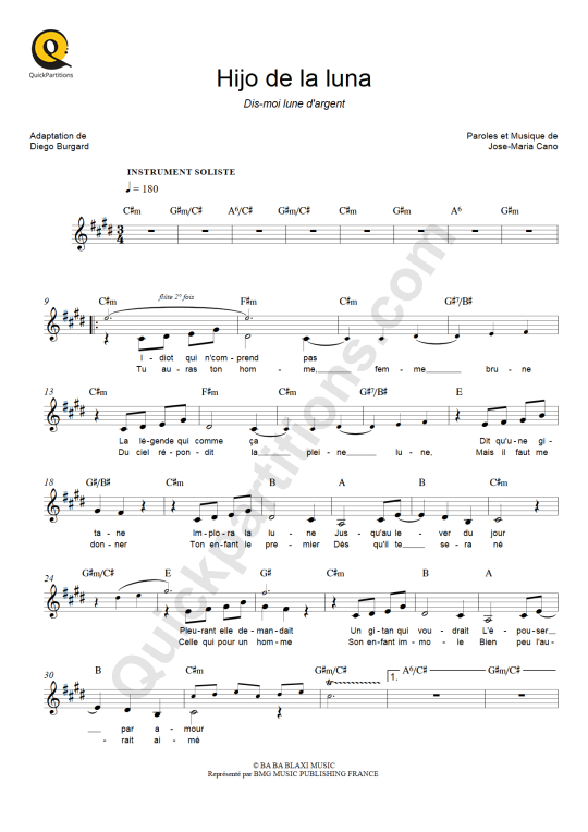 Hijo De La Luna Dis Moi Lune D Argent Leadsheet Sheet Music From Mecano