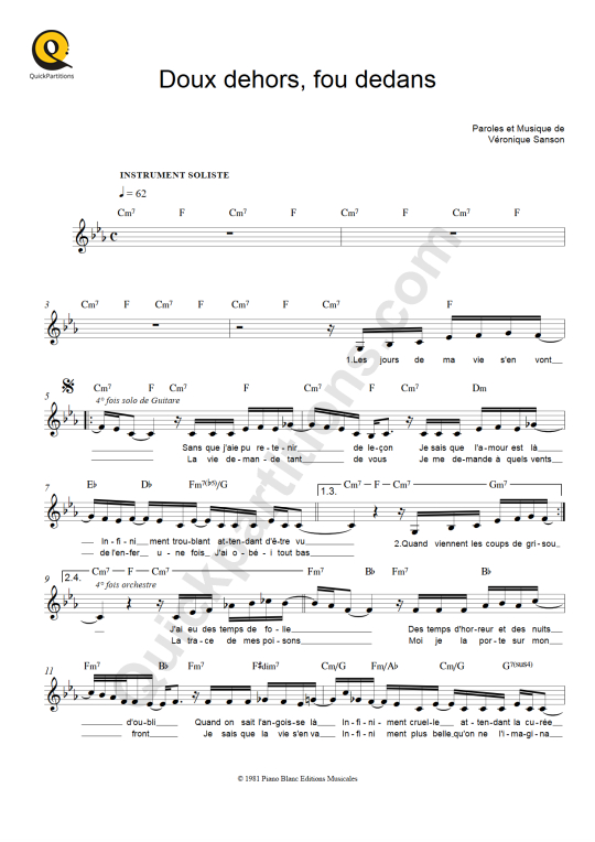 Doux Dehors Fou Dedans Leadsheet Sheet Music From V Ronique Sanson